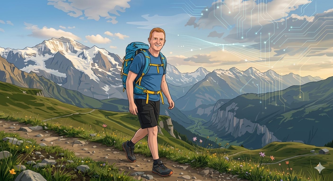 Cartoon illustration of Jez, a fair-haired trail runner, running through mountains overlayed with digital data streams